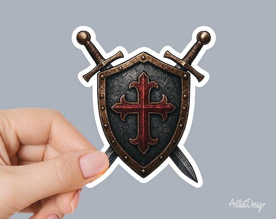 Medieval Shield Sticker – Knight Cross Shield with Swords, Gothic Crusader Armor Vinyl Decal