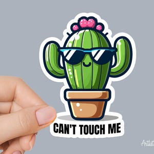 May include: A green cartoon cactus wearing sunglasses and a pink flower crown, in a brown pot. The sticker has the text "CAN'T TOUCH ME" in black. The design is on a gray background.