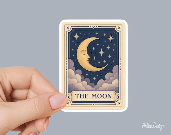 The Moon Tarot Card Sticker – Mystical Celestial Crescent Moon, Vintage Tarot Aesthetic, Witchy Card, Astrology Decal