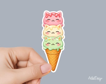 Kawaii Ice Cream Cat Sticker • Cute Cat Cone Decal • Pastel Kitty Scoop Sticker • Summer Dessert Sticker • Cute Animal Vinyl Sticker