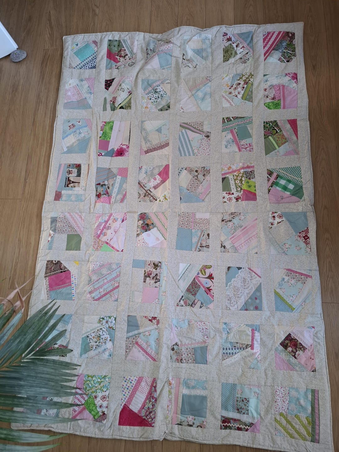 Handmade Scrappy Quilt: Embroidered Pink & Green Cotton Throw - Etsy