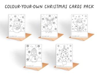 May include: A pack of five black and white Christmas cards with illustrations of a snowman, reindeer, Santa Claus, penguin, and Christmas tree. Each card has a space to be colored in and the text "COLOUR-YOUR-OWN CHRISTMAS CARDS PACK".