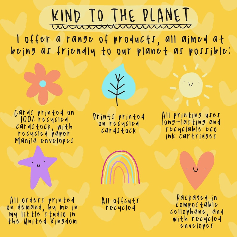 May include: A yellow graphic with the text "KIND TO THE PLANET" and information about eco-friendly products. The text describes cards printed on recycled cardstock, prints on recycled cardstock, and the use of recyclable ink cartridges.