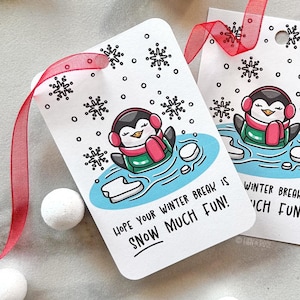 Etiqueta de pinguim Snow Much Fun, cartão para impressão de férias de inverno da escola para professores e alunos, presentes de agradecimento de Natal e feriados, crianças em idade pré-escolar