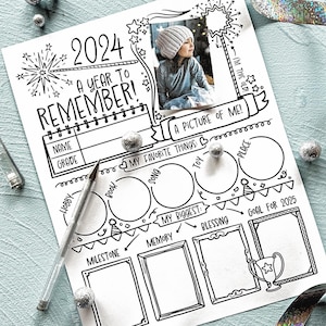 Resumen del año imprimible para niños, hoja de trabajo de la cápsula del tiempo de 2024, actividad de Nochevieja, página para colorear Todo sobre mí, libro de recuerdos en formato PDF