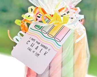 Puede incluir: Una bolsa de regalo llena de tizas de colores con una etiqueta que dice "¡Espero que tu verano esté lleno de tiza y diversión!"