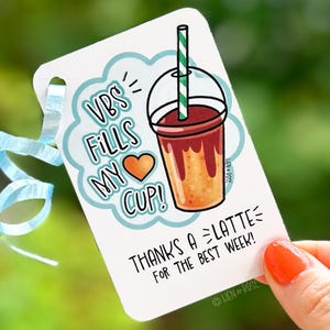 Étiquette-cadeau imprimable VBS Fills My Cup, Merci un café au lait, carte d'école biblique de vacances, étiquette de remerciement pour leader animateur bénévole, PDF dessiné à la main