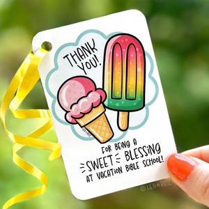 Etiqueta de presente para impressão de agradecimento da Escola Bíblica de Férias da Escola Bíblica, cartão de escola bíblica de férias com bênçãos doces, etiqueta de sorvete de picolé para voluntário da igreja, PDF desenhado à mão