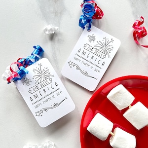 Etichetta regalo per il 4 luglio, bomboniera stampabile "Dio benedica l'America", etichetta regalo per hostess cristiana patriottica, biglietto da tavolo per bambini con stelle e strisce e fuochi d'artificio