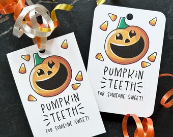 Pumpkin Teeth Treat Tags, Printable Halloween Candy Corn Gift Tags, Trick or Treat Labels, Cute Jack-o-lantern School Gift & Kid Party Favor