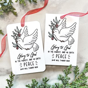 Etichetta di Natale con versetto della Bibbia stampabile, Gloria a Dio, Pace sulla Terra, Apparecchiatura per la tavola, Ramo d'ulivo con colomba, Biglietto cristiano, Regalo per la chiesa