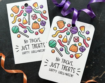 No Tricks Just Treats Tag, Printable Halloween Gift Tags, Assorted Candies illustration, Cute Non-Scary Option for School Classroom Gifts