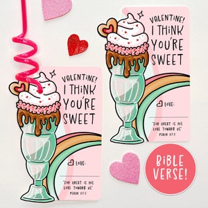 Kinder Christian Valentine Hand gezeichnet Printable | Milchshake Dessert verrückte Stroh Karte | Schule-Klassenzimmer-Börse | Homeschool Bibel-Vers-Mädchen