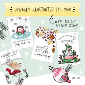 May include: Set of five illustrated Christmas gift tags featuring a penguin, a reindeer, a Christmas tree, a baked goods pattern, and the text "Baked with Cheer sprinkled with joy!" The tags are white with black outlines and colorful accents. The text "Joyfully Illustrated for You!" appears at the top of the image. The text "Visit My Shop for More Designs!" appears in the upper right corner of the image.