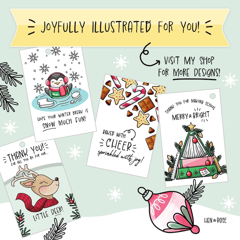 May include: Set of five illustrated Christmas gift tags featuring a penguin, a reindeer, a Christmas tree, a baked goods pattern, and the text "Baked with Cheer sprinkled with joy!" The tags are white with black outlines and colorful accents. The text "Joyfully Illustrated for You!" appears at the top of the image. The text "Visit My Shop for More Designs!" appears in the upper right corner of the image.