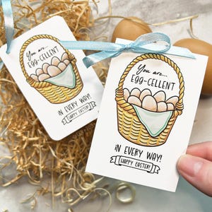 Etiqueta de regalo "Eres un huevo excelente", linda tarjeta imprimible de Feliz Pascua, huevos de granja dibujados a mano en una canasta, PDF de agradecimiento para niños, maestros y personal voluntario