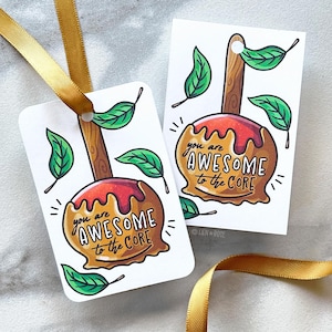 Étiquette-cadeau imprimable pomme caramel, carte géniale jusqu'au cœur, décoration de fête de Thanksgiving, kit pomme bonbon récolte d'automne Halloween cadeau de fête