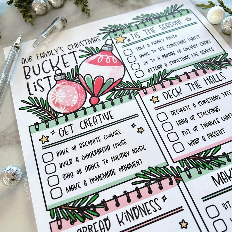 May include: A printable Christmas bucket list with a green and pink color scheme. The list includes activities like "Bake or decorate cookies", "Build a gingerbread house", "Sing or dance to holiday music", "Make a homemade ornament", "Take a family photo", "Drive to see Christmas lights", "Go to a parade or holiday event", "Attend a Christmas Eve service", "Decorate a Christmas tree", "Hang up stockings", "Put up twinkle lights", "Wrap a present", and "Spread kindness".