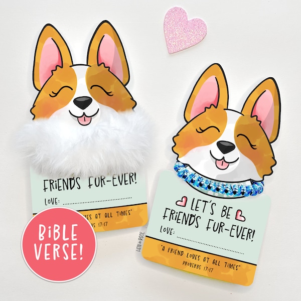 Corgi Dog Scrunchie Valentine Card for kids, Christian Bible Verse, School class party gift for girl, Quirky Cute Puppy Dogs, Hair Scrunchy