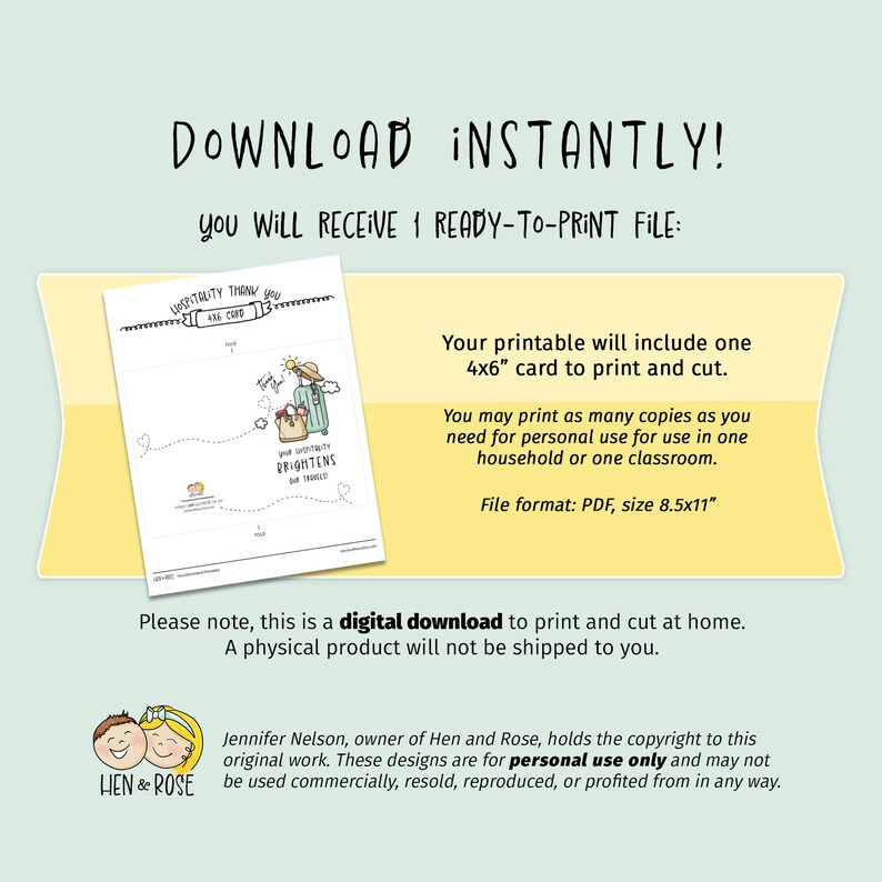 May include: Printable 4x6 inch card with a cartoon illustration of a suitcase and a heart with the text "Hospitality Thank You and Care Brightens Our Travel." The card is on a yellow background with the text "Download Instantly! You will receive 1 ready-to-print file." and "Please note, this is a digital download to print and cut at home. A physical product will not be shipped to you."