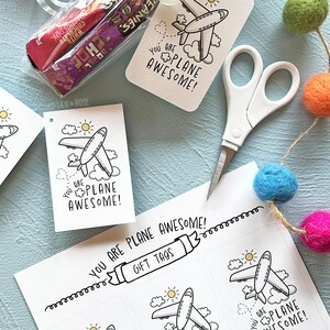 K&ouml;nnte beinhalten: Druckbare Geschenkanh&auml;nger mit einem Cartoon-Flugzeug und dem Text "You are plane awesome!" Die Anh&auml;nger sind wei&szlig; mit schwarzen Umrissen und zum Ausschneiden und Verwenden f&uuml;r Geschenke gedacht.