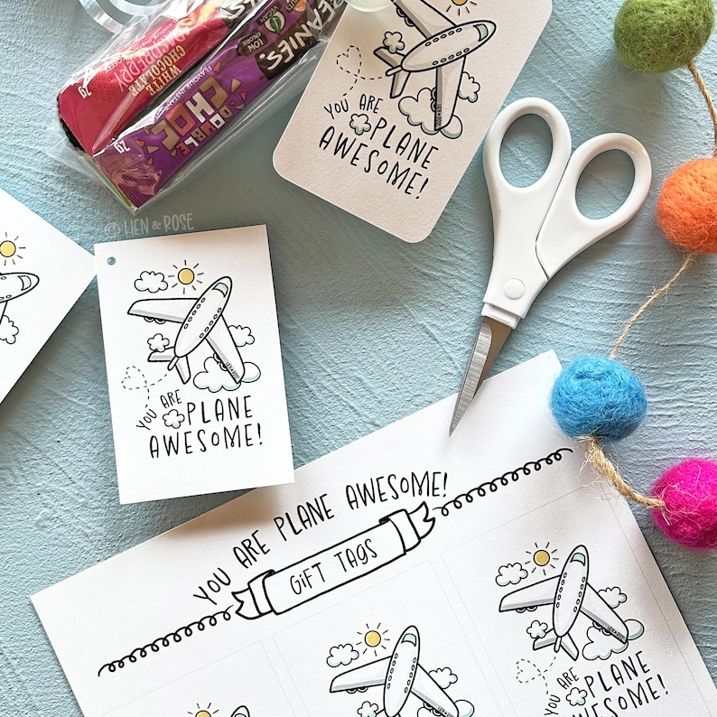 K&ouml;nnte beinhalten: Druckbare Geschenkanh&auml;nger mit einem Cartoon-Flugzeug und dem Text "You are plane awesome!" Die Anh&auml;nger sind wei&szlig; mit schwarzen Umrissen und zum Ausschneiden und Verwenden f&uuml;r Geschenke gedacht.