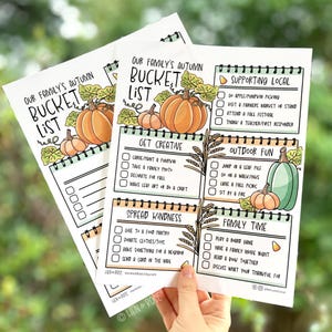 May include: Two autumn bucket list printables with pumpkin illustrations. The lists include activities like pumpkin picking, attending a fall festival, and family time. The text reads "Our Family's Autumn Bucket List."