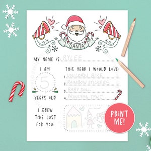 Carta a Papá Noel imprimible, hoja para colorear para niños y familia, ilustración dibujada a mano para descarga digital, reparto de correo de duendes, lista de Navidad