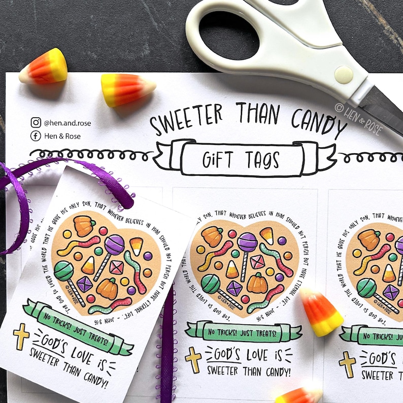 May include: Gift tags with a heart-shaped candy design, featuring pumpkins, lollipops, and candy corn. The tags have a purple ribbon and the text "Sweeter Than Candy" and "God's Love is Sweeter Than Candy!"