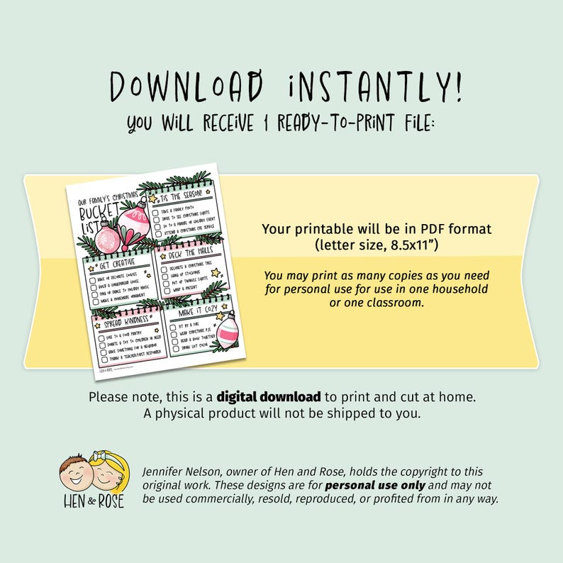 May include: Printable Christmas bucket list with a pink and white ornament design. The list includes categories like "'Tis the Season", "Deck the Halls", "Get Creative", "Spread Kindness", and "Make it Crazy".