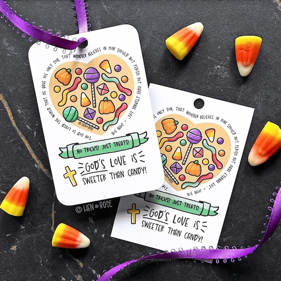 Christian Halloween Gift Tags, Printable Sunday School Treat Labels, God's Love is Sweeter Than Candy, Church Trunk or Treat Scripture Cards