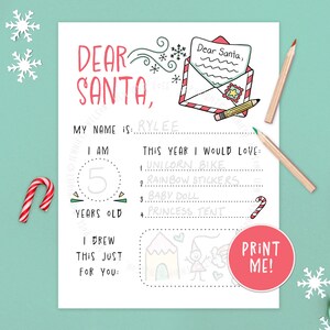 Carta a Papá Noel imprimible, hoja para colorear para niños y familia, ilustración dibujada a mano para descarga digital, reparto de correo de duendes, lista de Navidad