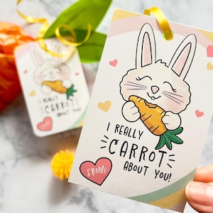 Etiqueta de presente de coelho fofo para impressão, cartão I Real Carrot About You, troca de classe do dia dos namorados, etiqueta de Páscoa, lembrancinha de festa de aniversário de jardim em PDF