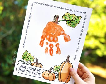 Christian Pumpkin Handprint Art Printable, Jesus Picked Me From the Patch, Sunday School Craft, Fall Preschool Activity, Hand Drawn PDF