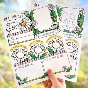 Hoja de trabajo "Todo sobre mi mamá", página para colorear y carta de margaritas, bonito regalo para el Día de la Madre y cumpleaños de un niño, actividad de escritura escolar en PDF