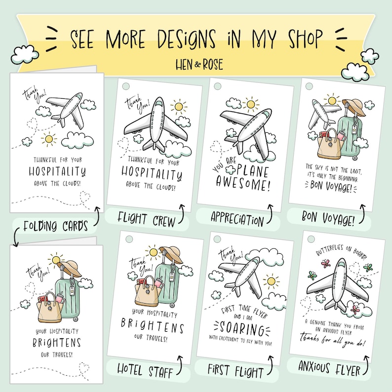 May include: Set of ten printable thank you cards featuring a cartoon airplane and luggage with various messages for different travel industry workers. The messages include "Thankful for your hospitality above the clouds!" for folding cards, "Thankful for your hospitality above the clouds!" for flight crew, "You are plane awesome!" for appreciation, "The sky is not the limit, it's only the beginning - Bon Voyage!" for bon voyage, "Your hospitality brightens our travels!" for hotel staff, "First time flyer and I am soaring with excitement to fly with you!" for first flight, and "Butterflies on board! A genuine thank you from an anxious flyer, thanks for all you do!" for anxious flyer.