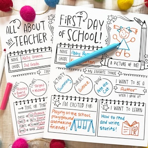 Op de afbeelding: Een printbaar werkblad voor kinderen om in te vullen op hun eerste schooldag. Het werkblad heeft secties voor de naam van de leerling, de klas, favoriete dingen, hobby's, winkels, activiteiten, vakken, boeken en wat ze willen worden als ze groot zijn. Het werkblad heeft ook een sectie voor de leerling om een ​​tekening van zichzelf te maken.