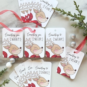 Ensemble d'étiquettes cadeaux à porter besoin de lecture, étiquettes Joyeux Noël à imprimer, quelque chose à apprendre, faire, partager avec vous des cartes pour enfants amusantes, renne dessiné à la main PDF