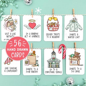 56 schede di attività per l'Avvento, disegnate a mano, scaricabili digitalmente, lista di controllo per le festività cristiane in famiglia, conto alla rovescia per Natale per bambini, idee invernali stampabili