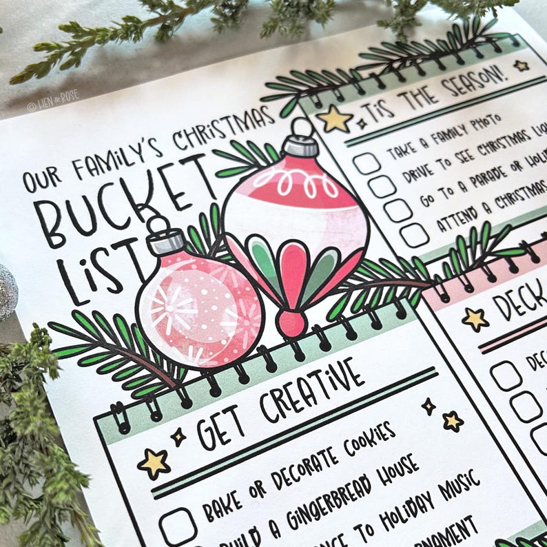 May include: A printable Christmas bucket list with a green and pink color scheme. The list includes items like "Take a family photo", "Drive to see Christmas lights", and "Attend a Christmas parade".