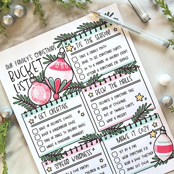 Christmas Bucket List Printable Worksheet, Activity Ideas for Kids, Holiday Countdown Checklist, Acts of Kindness, Family Traditions PDF