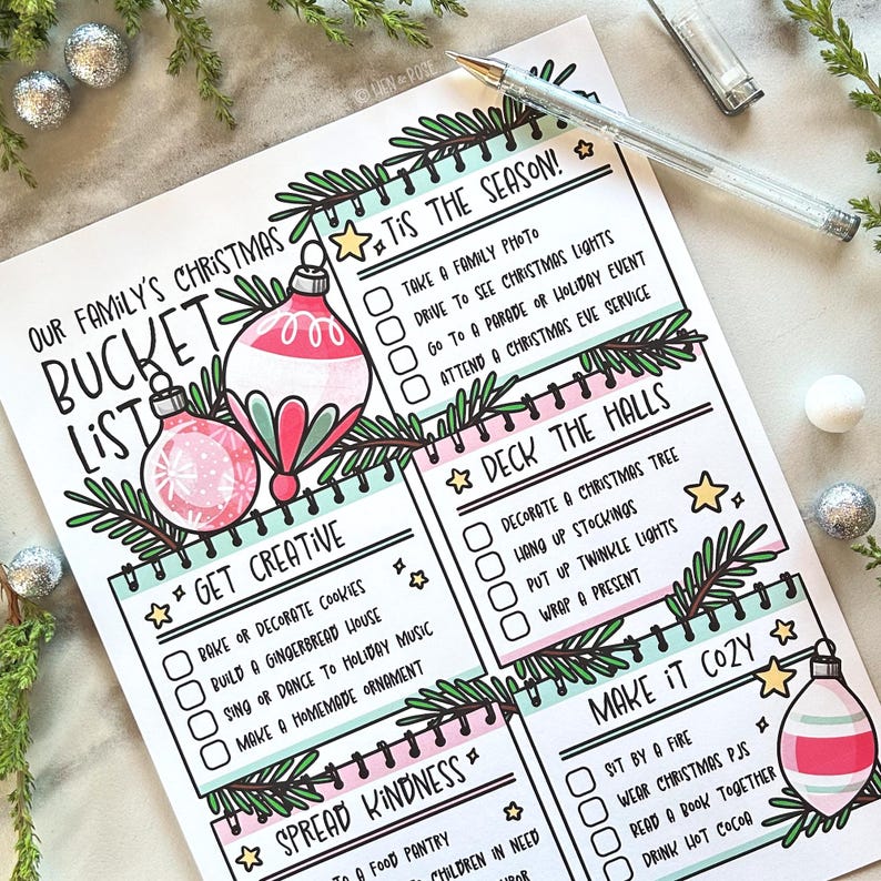 May include: A printable Christmas bucket list with a festive design. The list includes categories like "Tis the Season", "Get Creative", "Deck the Halls", "Spread Kindness", and "Make it Cozy". Each category has a checklist of activities to do during the holiday season.