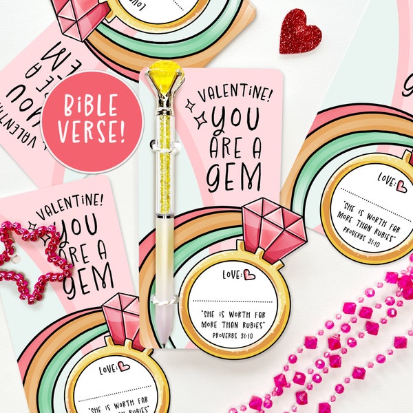 Kids Christian Valentine Card Hand Drawn | Gemstone Ring Jewel Necklace Pen Pencil Rainbow Girl | School Class | Faith Bible Verse Valentine