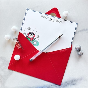 Carte de correspondance Merci neige beaucoup de pingouin PDF, papier à lettres imprimable 5 x 7 Merci pour cadeau, faveur bonne action, panier de bavures, jolie carte de correspondance plate d'hiver