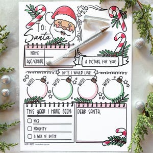 Carta a Papá Noel para imprimir, ideas para regalos de Navidad para niños, linda actividad dibujada a mano, lista de vacaciones Todo sobre mí, página para colorear de Querido Papá Noel en formato PDF