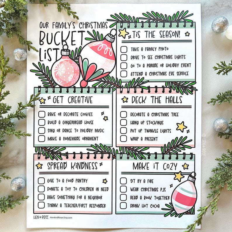 May include: A printable Christmas bucket list with five categories: 'Tis the Season', 'Get Creative', 'Deck the Halls', 'Spread Kindness', and 'Make it Cozy'. Each category has a checklist of festive activities to do during the holiday season.