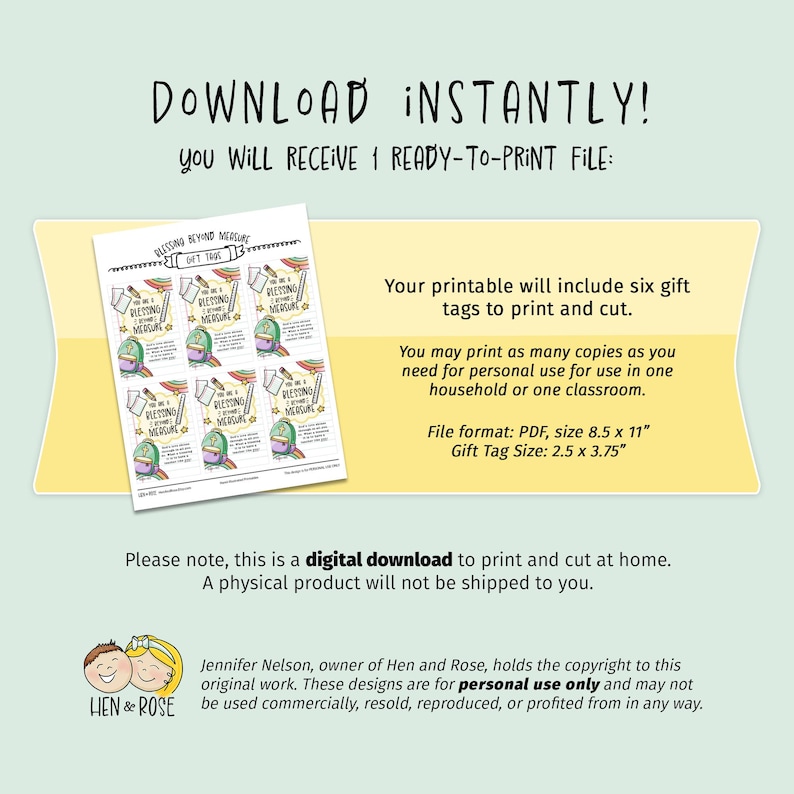 May include: Digital download of printable gift tags with the text "Blessing Beyond Measure". The tags feature illustrations of a backpack, pencil, and rainbow. The file is PDF, 8.5 x 11 inches, with gift tags 2.5 x 3.75 inches.