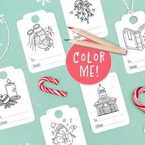6 etichette regalo cristiane, periodo natalizio, regalo disegnato a mano con download immediato, natività di Gesù, chiesa, pagina da colorare per bambini, arte stampabile