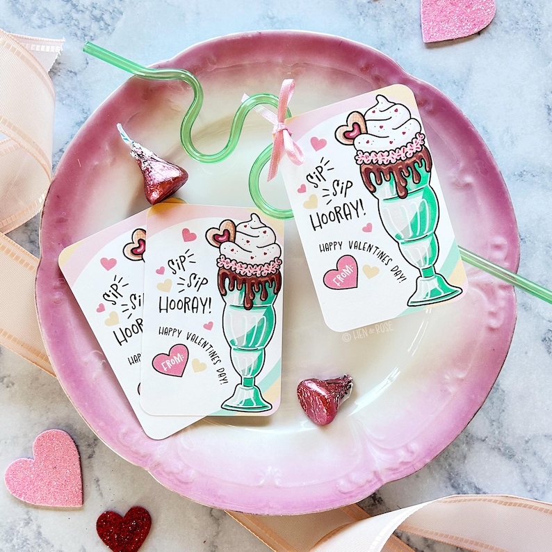 Sip Sip Hooray Valentines Day Card Printable, Silly Straw Gift Tag, Kid ...