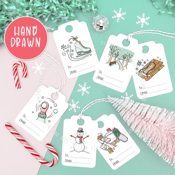 Winter Gift Tag Set for a Snowy Christmas Holiday Season, Instant Download, Gift Wrapping for Kids, Iceskating Sled Snow, Art Print and Cut